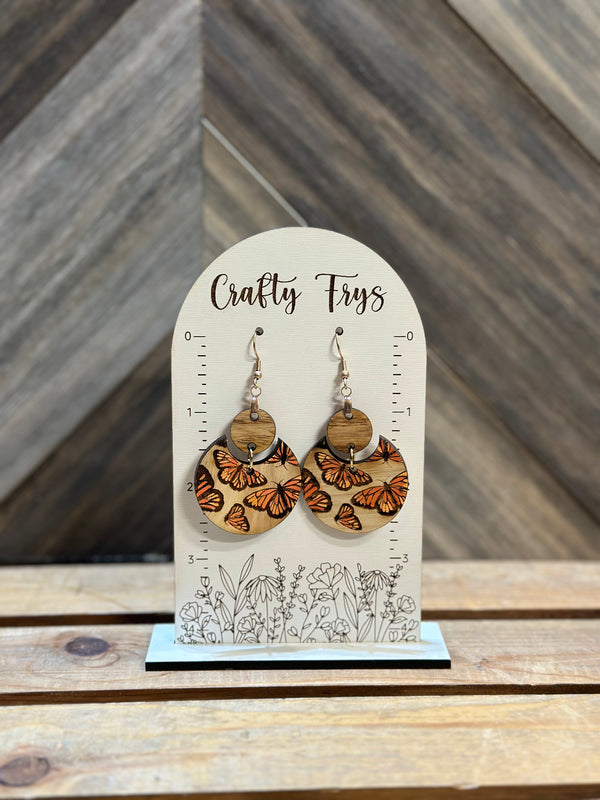 Butterfly Two Piece Wood Round Earrings