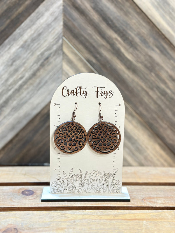 Mandala-esque Round Walnut Wood Earrings