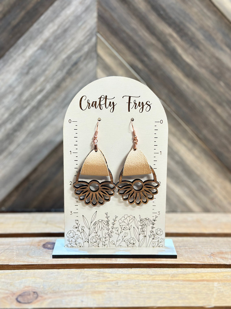 Flower Half Wood & Leather Earrings